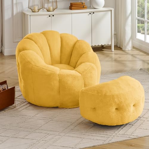 Mofolit Flower Bean Bag Chair with Ottoman for Adults,Large Beanbag Chair with Artificial Rabbit Fur Fabric,Floor Sofa for Living Room,Reading Room and Apartment. (Yellow)