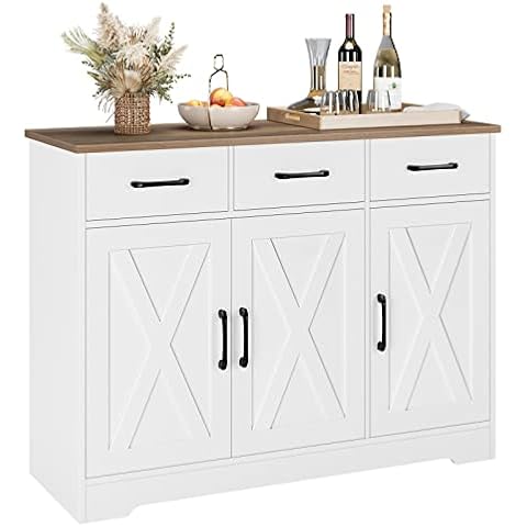 HOSTACK Modern Farmhouse Sideboard Buffet Cabinet, Barn Doors Buffet Storage Cabinet with Drawers and Shelves, Wood Coffee Bar Cabinet with Storage for Kitchen, Dining Room, Living Room, White Cover