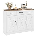 HOSTACK Modern Farmhouse Sideboard Buffet Cabinet, Barn Doors Buffet Storage Cabinet with Drawers and Shelves, Wood Coffee Bar with Storage for Kitchen, Dining Room, Living Room, White