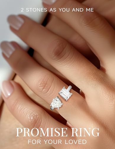 MomentWish Engagement Ring, Moissanite Promise Ring for Women, Heart and Emerald Cut Toi Et Moi Rings, Adjustable 925 Sterling Silver Wedding Ring (2Carat, VVS1)2