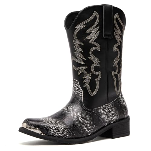 Image of Men's cowboy boots round toe boots embroidered with traditional Western country artificial snakeskin pattern