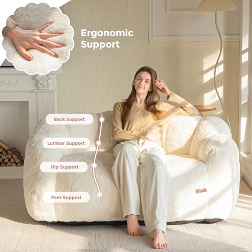 Image of MAXYOYO Bean Bag Chair for Adults, Loveseat Floral Shaped Bean Bag Sofa, Ultra Soft Love Seat Mini Sofa Couch, Faux Fur Reading Chair for Living Room Bedroom, Beige