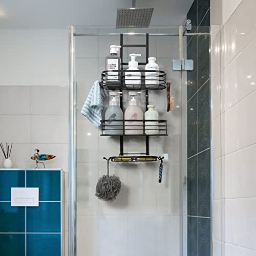 Heomu Bathroom Hanging Shower Caddy, Shower Organizer Shelves With 4 Hooks, Rustproof & Waterproof Shower Storage Rack For Shampoo, Conditioner, Soap, Bath Sponge, Black #TOP1