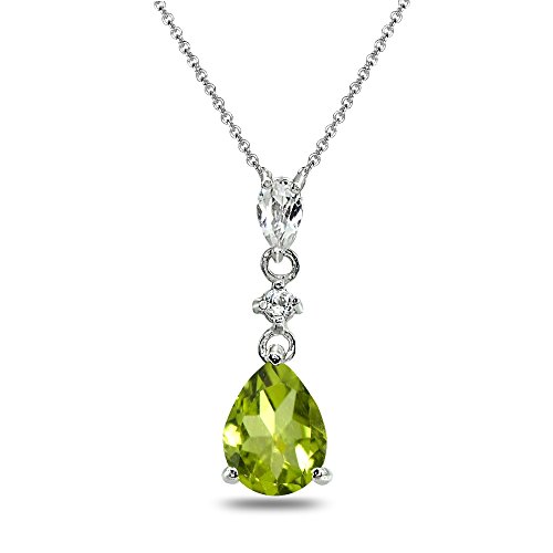 GemStar USA Sterling Silver Peridot & White Topaz Teardrop Dangling Drop Pendant Necklace