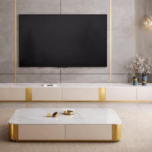Image of WOODEN SPACE Jaguar Modern Marble Top Coffee Table with Storage | 47.24 Inch Rectangular Centre Table for Living Room | High Gloss Finish (Beige)