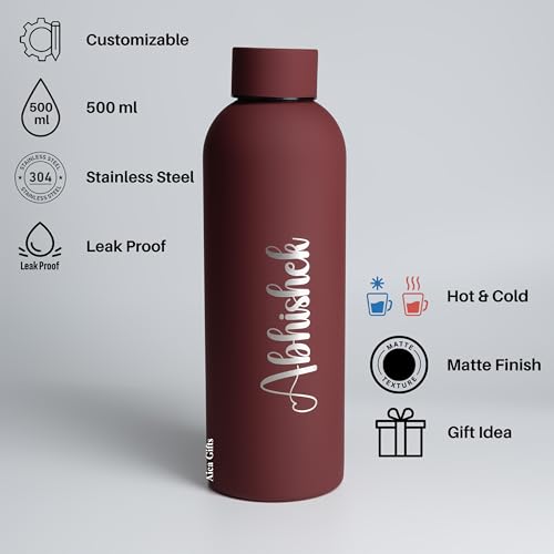 Image of AICA Personalized Name Stainless Steel Water Bottle -500ml (Wine)-12Hrs Hot & 18Hrs Cold |Customised Gift For Man Woman Girl Boy