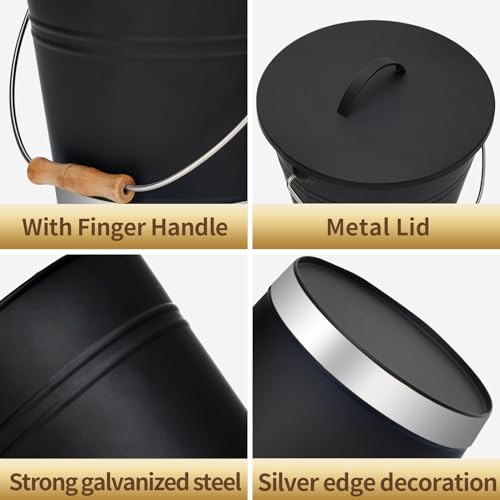 Mini balde de cinzas com tampa, pá e vassoura de mão, recipiente de metal de aço galvanizado, balde