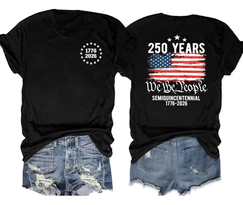 YI XIANG RAN American Flag Shirt Women 250th Anniversary USA T Shirt We The People Tees 4th of July Short Sleeve Tee Shirt(Black4,Large)