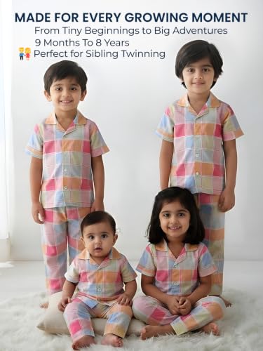 Image of POLKA TOTS 100% Pure Cotton Half Sleeve Night Suit for Kids, Girls & Boys | Cotton Pyjama Set | Unisex Night Dress for Children | Night Suit for Girls |Sleepwear for Kids | Winter Night Dress for Boys