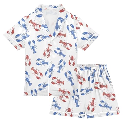 Crawfish Pattern Summer Satin Pajama Set, Cute Button-Down Sleepwear Pj Set for Sleep Wears
