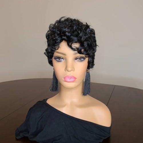 Sumcas Short Bob Pixie Cut Human Hair Wig with Bangs 1B