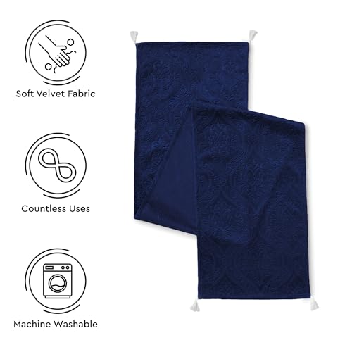 Image of Encasa XO 4 to 6 Seater Dining Embossed Velvet Table Runner | Size 32x183 cm | Navy Blue Color with Premium Polyester - Machine Washable