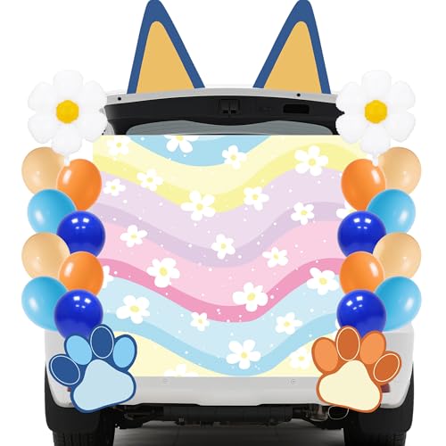 Blue Dog Theme Trunk or Treat Car Decorations Kit, Colorful Flower Banner with Dog Ears, Cat Paws, Balloons and Flower Foil Balloons for SUV Garage Door Halloween Christmas Birthday Party