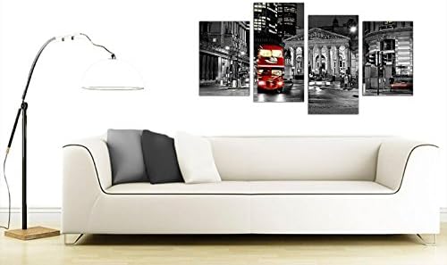 Wallfillers Canvas Prints of a Red London Night Bus on a Black and White Background for your Living Room - Cheap 4 Part British City Wall Art - 4208