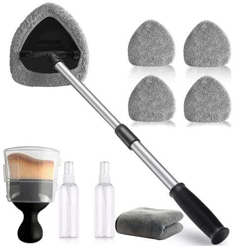 Luarkyeer - Car Windshield Cleaning Tools, Expandable Car Window Cleaner with 4 Reusable Microfiber Pads, 2 Spray Bottles, Windshield Cleaning Wand Tool, Auto Interior Dust Brush, Gray