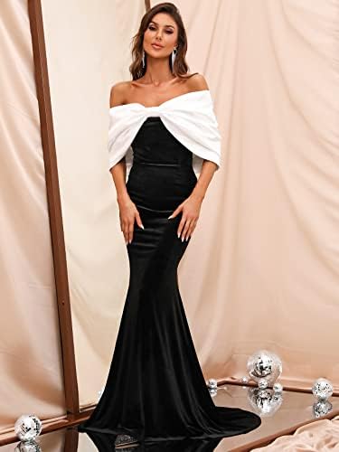 chicrechery Womens Dresses Color Block Off Shoulder Ruched Bust Velvet Prom Dress (Color : Black and White, Size : Large)