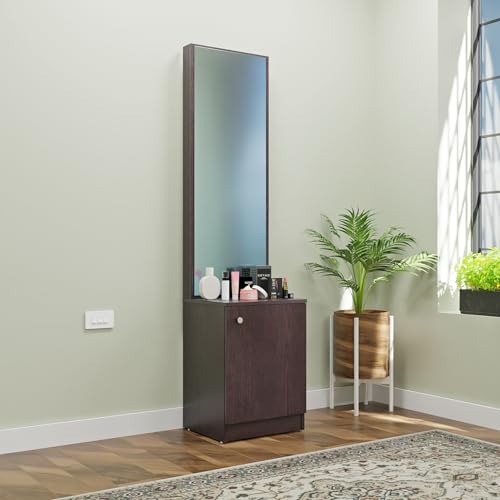 Image of VIKI |Engineered Wood Dressing Table 1 Door with Shelf, Mirror and Huge Storage Space | Vanity for Living Room, Bedroom (Dark Wenge - 43.8W x 40D x 182.6H cms)