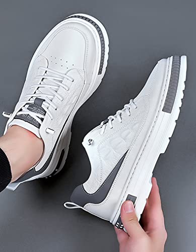 Men's Crocodile Pattern Waterproof Cowhide Shoes,Height Lifting Non-Slip Casual Softsole Oxford Fashion Leather Lace-Up Sneaker (White,7,Men) #TOP5