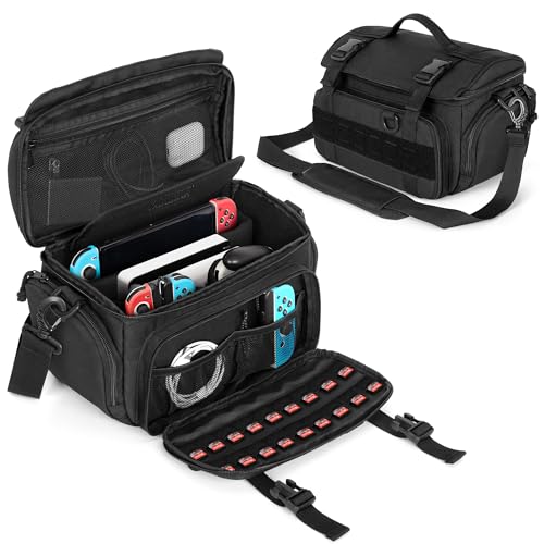 PGmoon Sling Carrying Case Compatible with Nintendo Switch/Switch 2/ASUS ROG Ally/ROG Ally X, Protective Tactical Travel Bag with Game Card Slots & Multi-Pockets for Dock, AC Adapter, Controllers