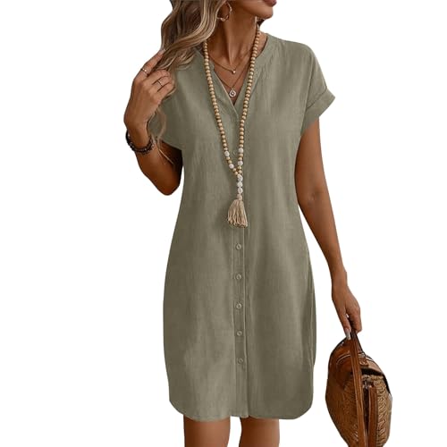 Sommerkleid Damen Kurz A Linie Blusenkleid Damen Sommer Elegant Tunika Kleid mit Ärmel Kurzarm Sommerkleider Leicht Kleider Frauen V Ausschnitt...