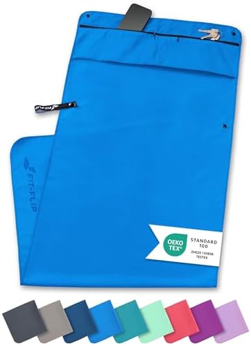 Fit-Flip Fitness Handtuch aus Mikrofaser kompakt und schnelltrocknend | mit Magnet und Reißverschluss Tasche, Fitnesshandtuch rutschfest für Sport und Gym, Sporthandtuch Fitnessstu