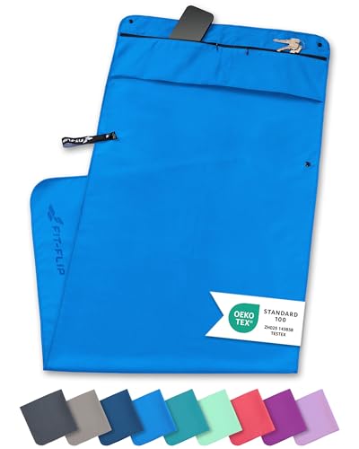 Fit-Flip Fitness Handtuch aus Mikrofaser - mit Magnet und Reißverschluss Tasche - Fitnesshandtuch für Sport und Gym - Kompakt & Schnelltrocknend - Sporthandtuch Fitnessstudio - Blau - 130x48cm