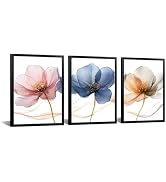 iKNOW FOTO 3 Piece Flickering Flower Canvas Wall Art with Black Frame Modern Pink Blue Brown Flor...