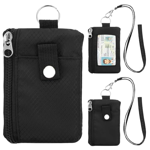 minimalist small wallet for men women with 2 zip pockets multi functional id case with keychain and card holder coin purse badge lanyard pouch for boys girls travel -black