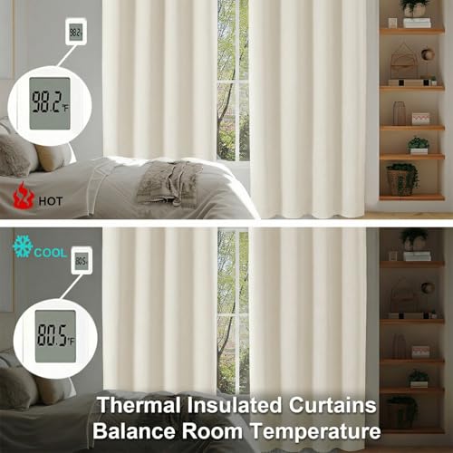 Image of Simplebrand Ava Light Beige Light Filtering Curtains for Bedroom 63 Inch Length 2 Panels Set, Privacy Thermal Insulated Rod Pocket Door Window Curtains for Patio French Door Front Door, W40 x L63 Inch