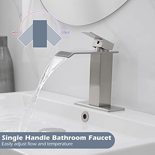 Bwe Waterfall Bathroom Faucet Brushed Nickel With Pop Up Drain Stopper Overflow Assembly And Supply Hose Single Handle For Sink 1 Hole Bathroom Sink Faucet Parts Spout Bath Lavatory Vanity #TOP2