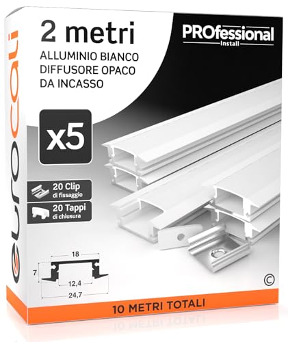 5x Profili da 2m (10mt) in Alluminio Bianco per Strisce LED Copertura Opaca larghezza max striscia led 12.4mm - 24.7 x 7