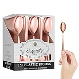 Exquisite Rose Gold Plastic Tea Spoons Heavy Duty 160 Pieces Rose Gold Plastic Silverware Heavy Duty Disposable Silverware Set, Disposable Tea Spoons Eating Utensils Sets Flatware Set For Parties