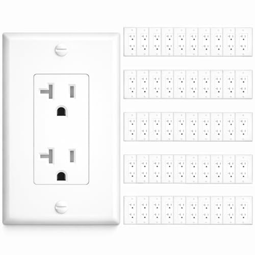 Amico 50 Pack Wall Outlet 20 Amp Tamper Resistant Outlet UL Listed Heat Resistant Polycarbonate Wall Plate Included 125V/1875W for Home Commercial and Electricians Use White