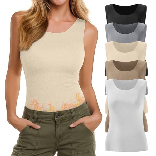 Yearntown 5 Pcs Women's Fleece Lined Tank Tops Thermal Crew Neck Sleeveless Tops Basic Casual Yoga Underwear(Black, Light Gray, Nude Color, Khaki, White,Medium)