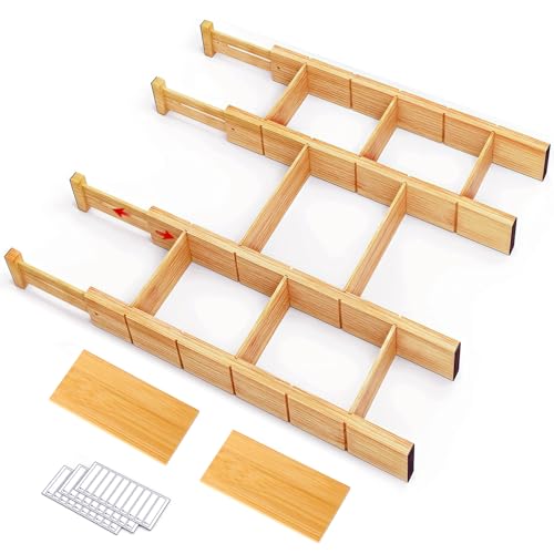 Whitmor Adjustable Bamboo Drawer Dividers, Expandable 17'-22' Drawer Organizer, Space-Saving, Non-Slip & Spring-Loaded Separators for Kitchen, Bedroom, Office, 4 Pack Dividers with 9 Baffles