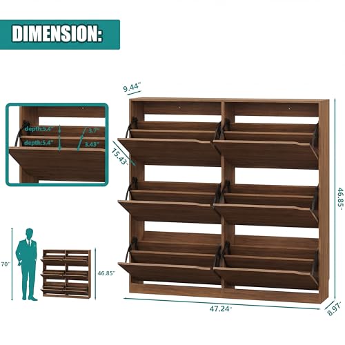 Image of Xixini Shoe Storage Cabinet for Entryway with 6 Flip Drawers, Sturdy Wood Hidden Shoe Storage, Freestanding Narrow Slim Shoe Organizer for Front Door Entrance, Living Room, Hallway, Bedroom, Walnut