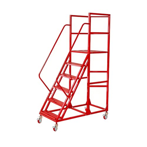 Image of Rolling Ladder with Wheels, Mobile Rolling Stairs with Handrail for Industrial Warehouse, Rolling Steps Ladder with Fence, for High Shelf Aisles, Warehouses, Supermarkets, Libraries (Red, 6 Steps)