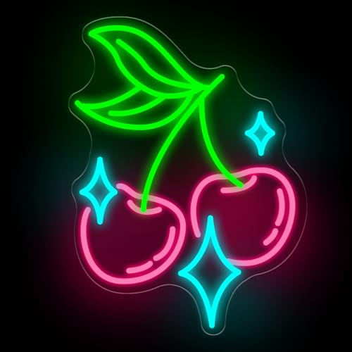 Image of Cherry Bling Neon Sign Aesthetic LED Wall Light for Bedroom Bar Sign, Cute Fruit LED Light, Retro Vintage Dormitory Room Decor, Gift for Her, 16.5 inchx12.4 inch