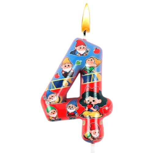 Vela Cumpleaños Blancanieve, Decoración de Blancanieve,Vela Número 4, Decoración para Pasteles, Rojas y Azules, Adecuadas para Decoraciones de Cumpleaños y Fiestas Temáticas