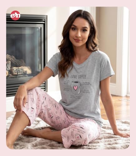 Image of ENJOYNIGHT Womens Pajama Sets Cotton Pj Set Short Sleeve Top With Capri Pants Sleepwear 2 Piece Lounge Set