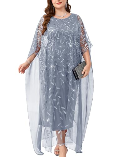 Image of Plus Size Sparkly Formal Evening Gown Sequin Cape Overlay Mother of Bride Dress Wedding Guest Cocktail Party