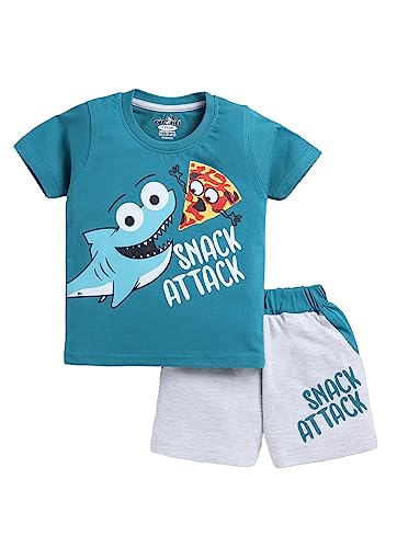 Image of CUTOPIES Boys Powder Blue Cotton Printed Half Sleeves T-shirt and Shorts Set (Pack Of 1) Baby Boys' Clothing Sets