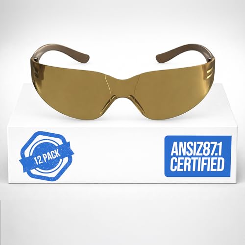 RUGGED BLUE - Work Safety Glasses For Men | ANSI Z87 Certified For Shooting Range | Anti-Scratch Outdoor Glasses | Construction/Outdoor Use | Safety Goggles - 12 Pack Brown