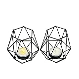 Lily's Home Set of 2 Hexagon Geometric Iron Hollow Tea Light Candle Holders - Perfect for Home & Living Room Decor, Fireplace Mantel, Table Decor and Christmas Party Ornaments - Black Metal Holders