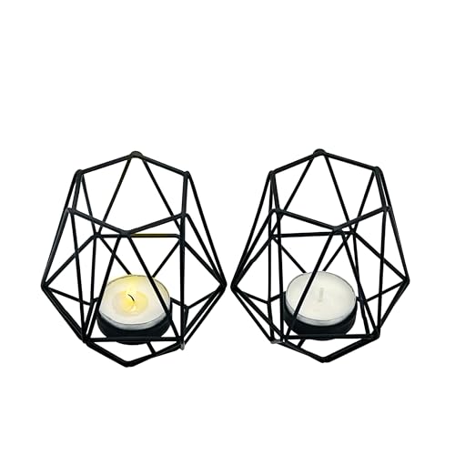 Lily’s Home Set of 2 Hexagon Geometric Tea Light Candle Holders – Perfect for Home & Living Room Decor, Fireplace Mantel, Kitchen Table Decor and Christmas Party Ornaments – Black Metal Votive Holders