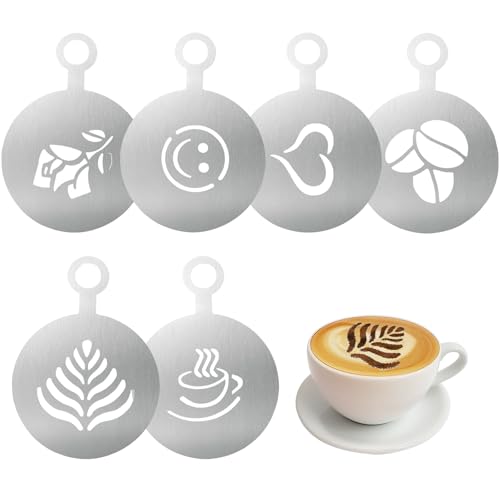 6 Stück Kaffeeschablonen aus Edelstahl, Kaffee-Dekorationsschablone, Cappuccino Kunst Schablone für Barista, Kuchendekorationswerkzeug