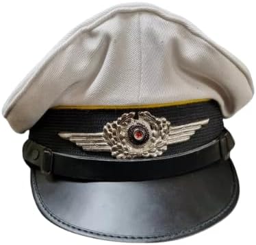 Military Style Luftwaffe Visor Cap, White and Black, NCO Officer Hat with Metal Badge