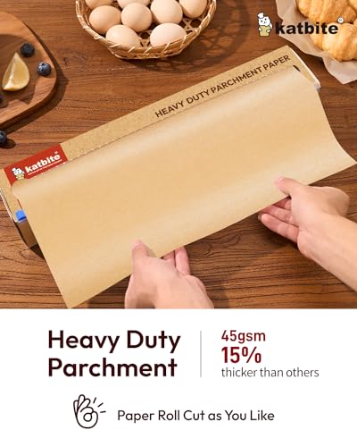Katbite Unbleached Parchment Paper for Baking, 15 in x 210 ft, 260 Sq.Ft, Heavy Duty Baking Paper with Slide Cutter, Non-stick Brown Parchment Paper Roll for Cooking, Air Fryer, Steaming, Baking Bread