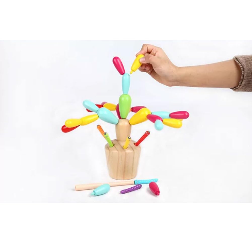 Montessori 2-in-1 Holz Kaktus Stapel- und Insektensammelspiel | Buntes Steckspielzeug-Puzzle, Kleinkind Feinmotorik Hand-Auge-Koordination Lehrreiches Bau-Spielzeug