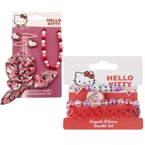 Hello Kitty Kit Bijoux & Accessoires Cheveux Fille – 2 Bracelets, Collier Perles, Chouchou et Pinces – Set Mode Enfant – Idée Cadeau Fille Hello Kitty